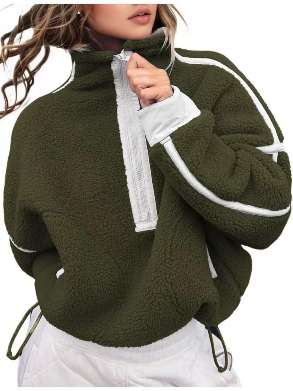 Women’s Green Fleece Half ZIP Cropped Pullover Pocket Oversized Sweatshirt